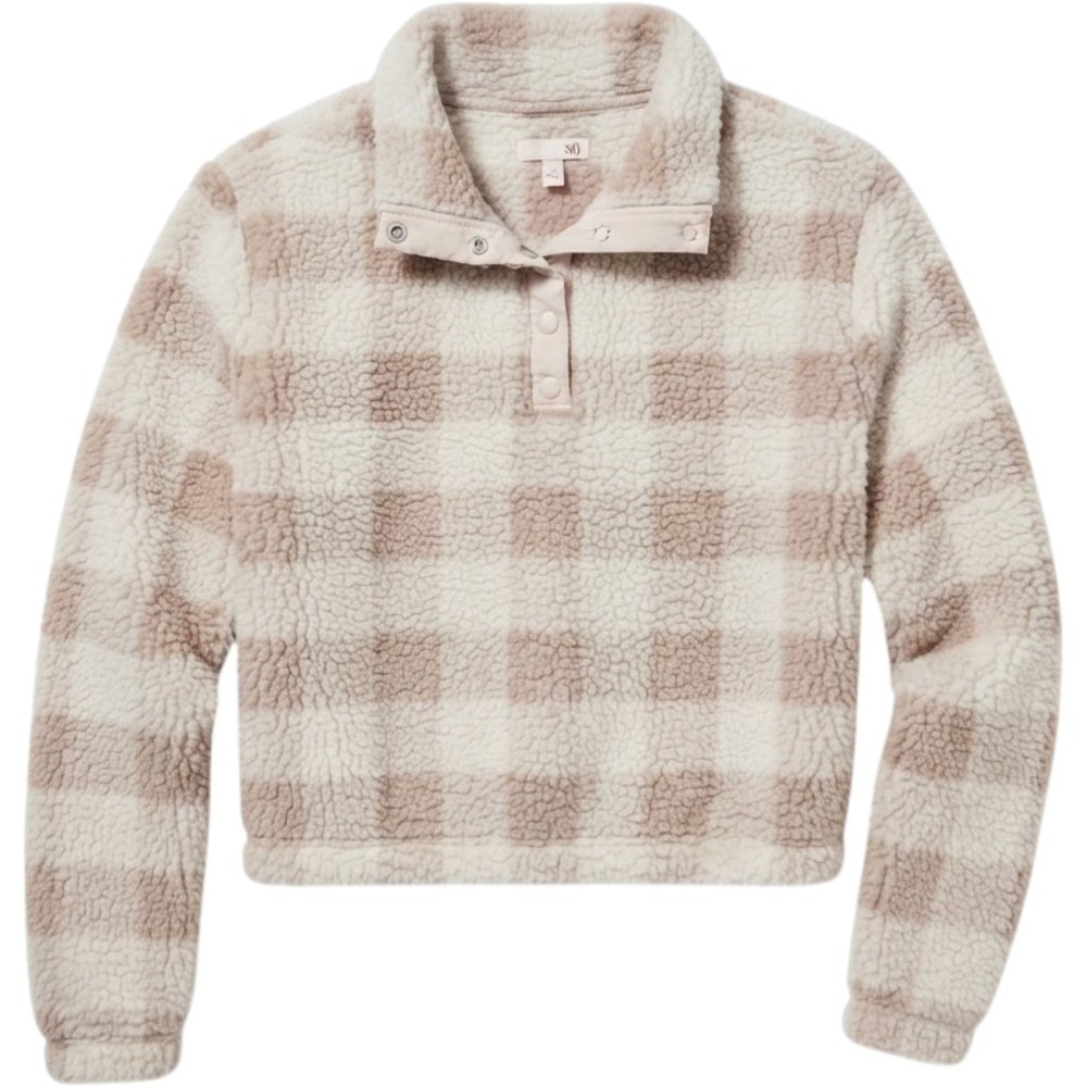 SO Women's S Sherpa Fleece Plaid Mock Neck Snap Pullover Jacket Cream Taupe Cozy